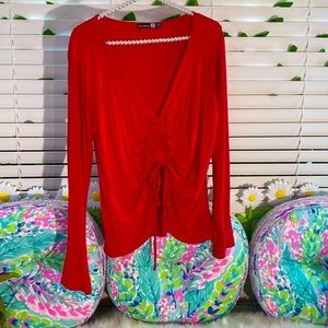 BooHoo Plus red crop top with ruched center & tie with ruffled cuffs